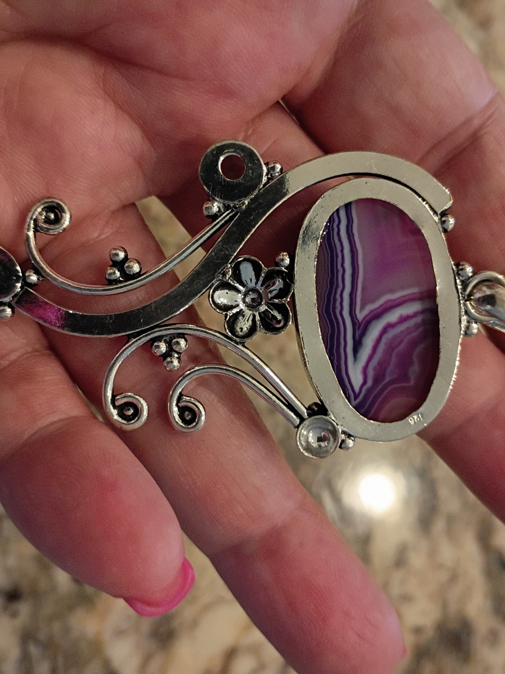 HugeSilverToneREAL Purple AgatePeriwinkle Stones PendantAMAZING PATERNS/COLORS! - Picture 3 of 3